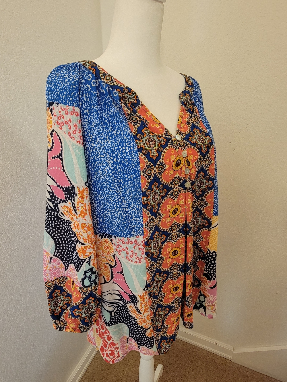 fig and flower Multicolor Patchwork V-Neck Boho Blouse - Large